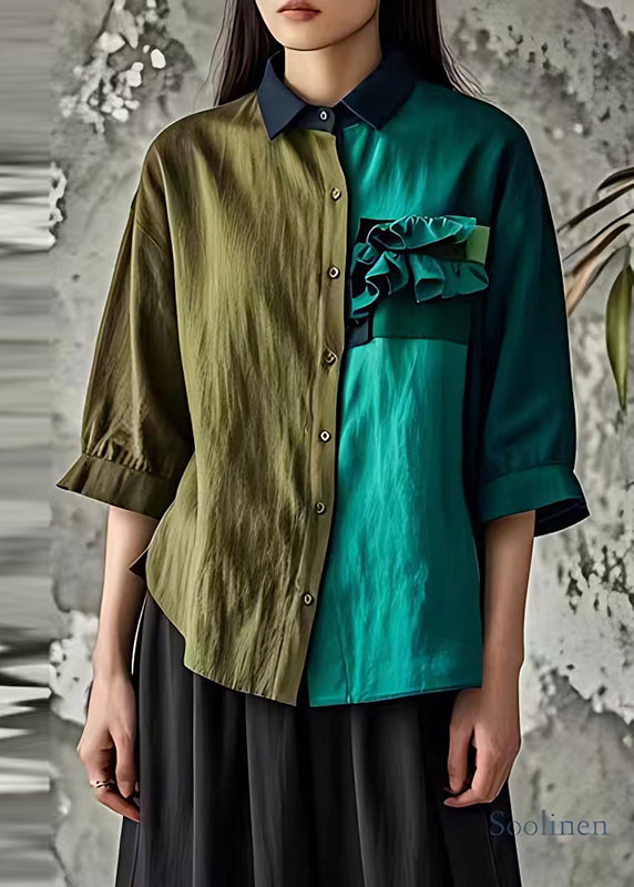 Bohemian Colorblock Asymmetrical Ruffled Linen Shirt Half Sleeve