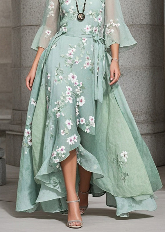 Bohemian Green Asymmetrical Print Exra Large Hem Chiffon Holiday Dress Summer