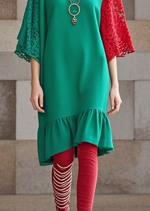 Bohemian Green Ruffles Patchwork Lace Dresses Fall