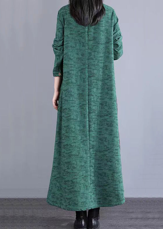 Bohemian Green Stand Collar Patchwork Cotton Long Dresses Fall