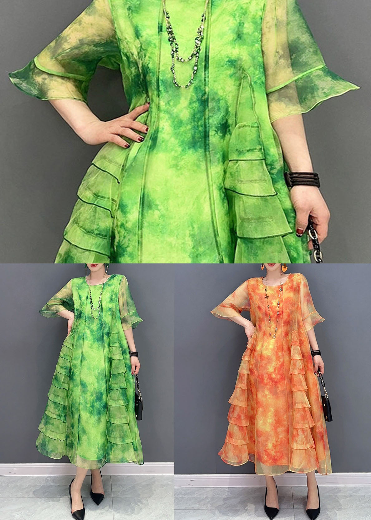 Bohemian Green Tie Dye Ruffled Patchwork Chiffon Dresses Summer