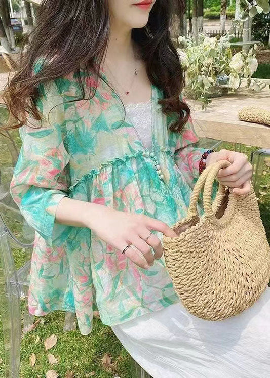 Bohemian Green V Neck Print Plus Size Linen Shirt Bracelet Sleeve