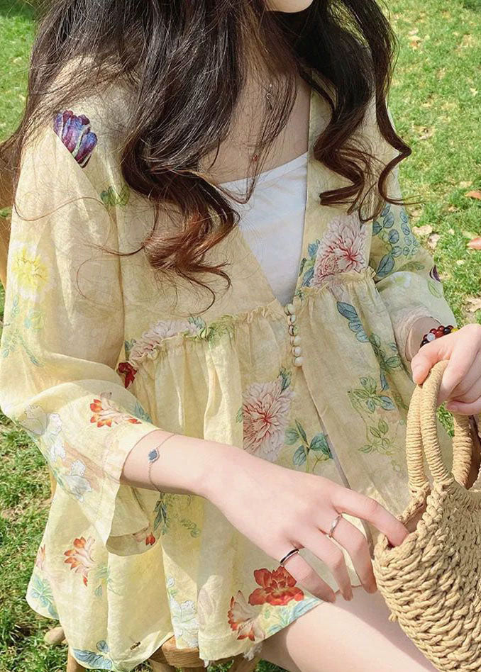 Bohemian Green V Neck Print Plus Size Linen Shirt Bracelet Sleeve