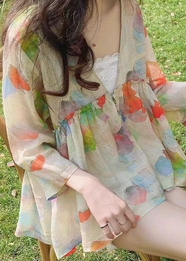 Bohemian Green V Neck Print Plus Size Linen Shirt Bracelet Sleeve