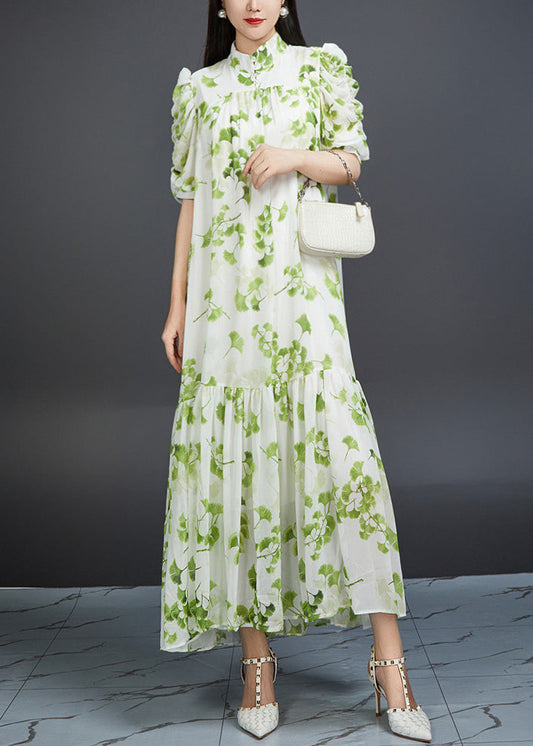 Bohemian Green Wrinkled Print Tie Waist Chiffon Dress Summer