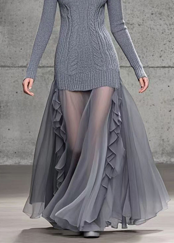 Bohemian Grey Ruffled Patchwork Tulle Knit Dress Winter