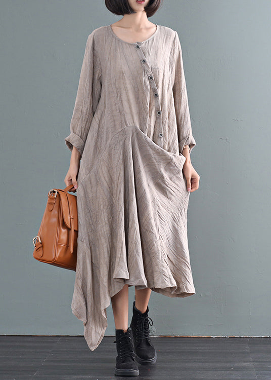 Bohemian Khaki Asymmetrical Tie Dye Linen Ankle Dress Fall