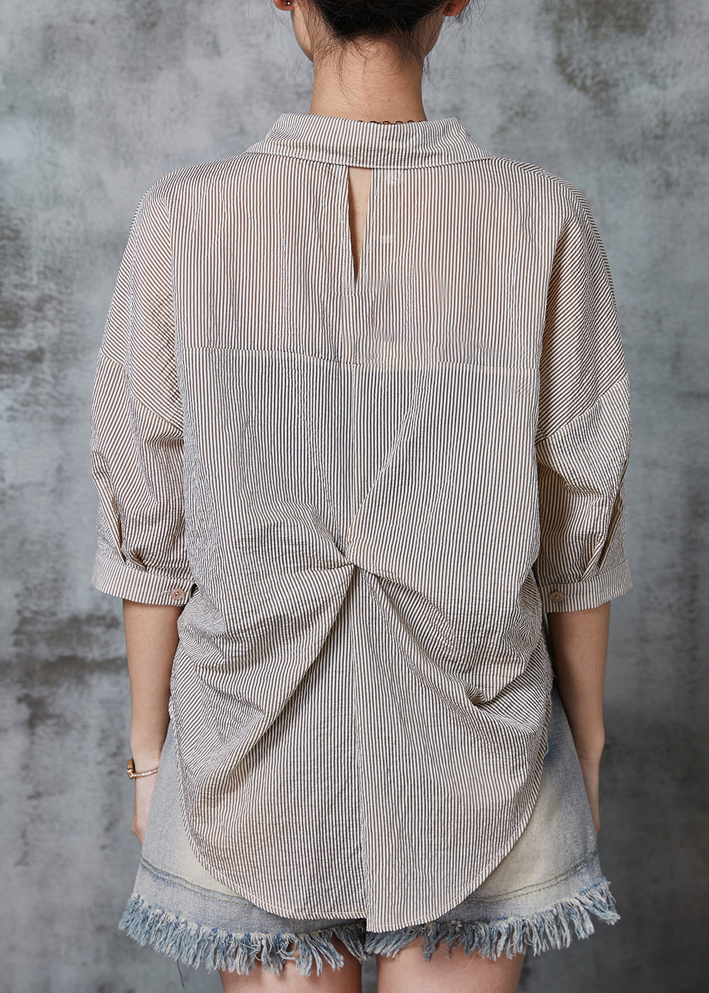 Bohemian Khaki Striped Wrinkled Cotton Shirt Tops Summer