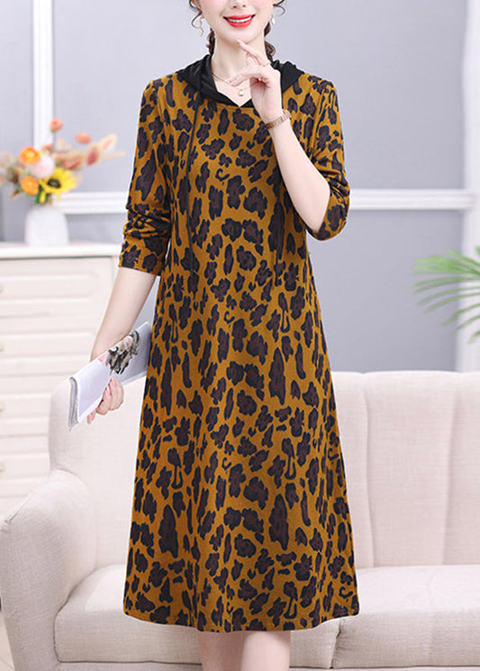 Bohemian Leopard Peter Pan Collar Print Drawstring Hooded Long Dress Long Sleeve