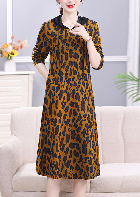 Bohemian Leopard Peter Pan Collar Print Drawstring Hooded Long Dress Long Sleeve