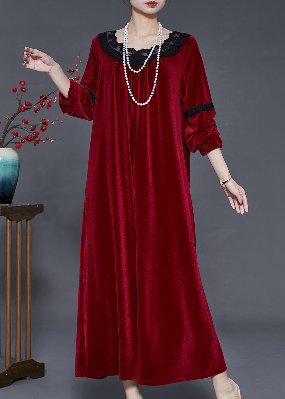 Bohemian Mulberry Oversized Patchwork Lace Silk Velvet Dress Fall