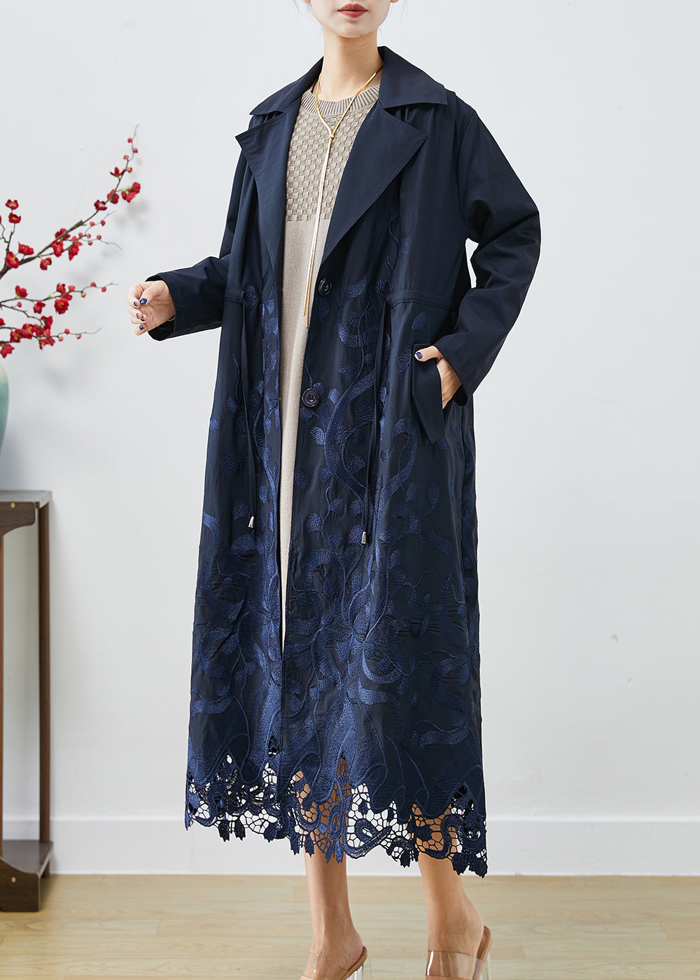 Bohemian Navy Embroidered Tie Waist Spandex Trench Coats Fall