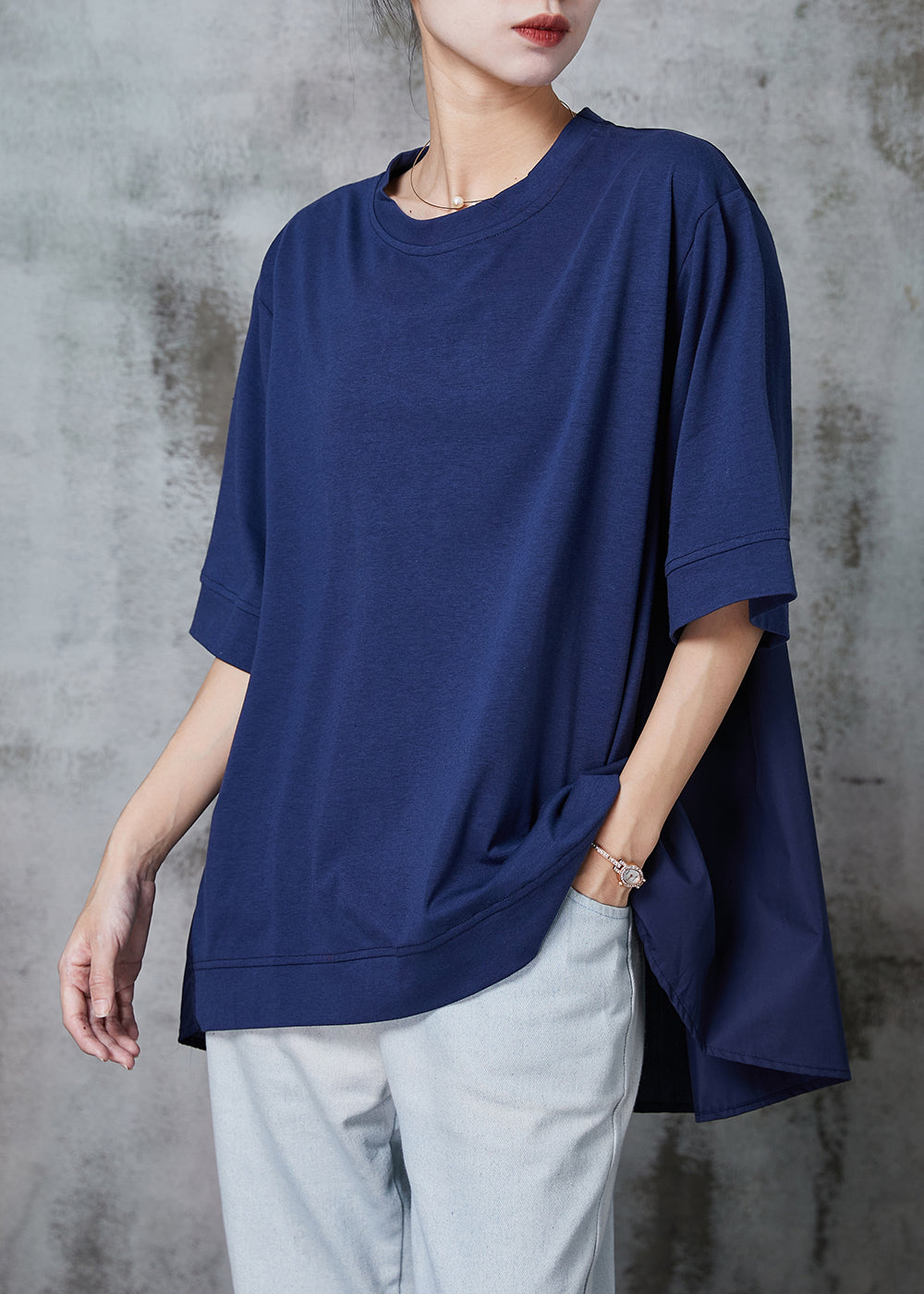 Bohemian Navy Oversized Cotton Sweatshirt Half Sleeve