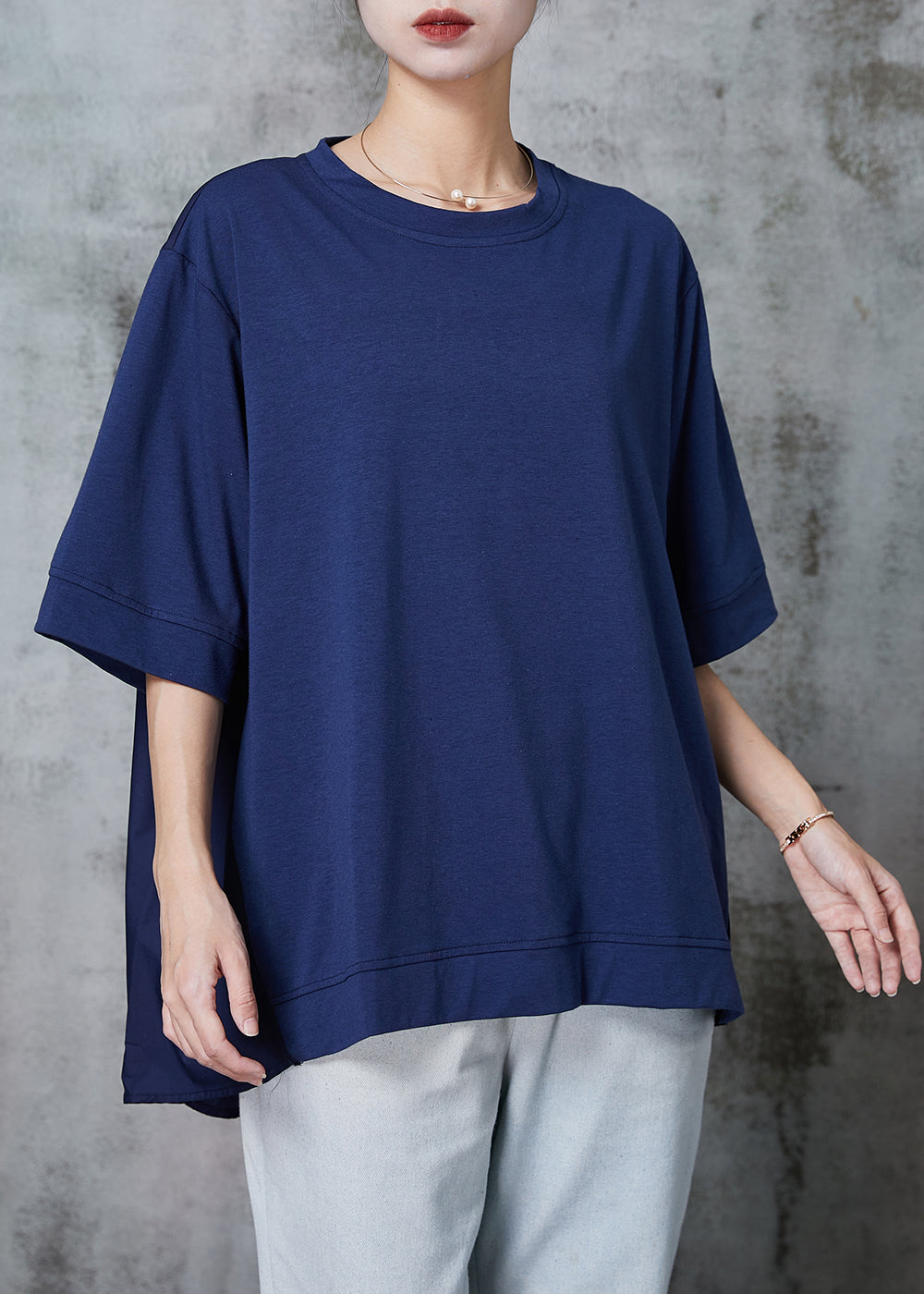 Bohemian Navy Oversized Cotton Sweatshirt Half Sleeve