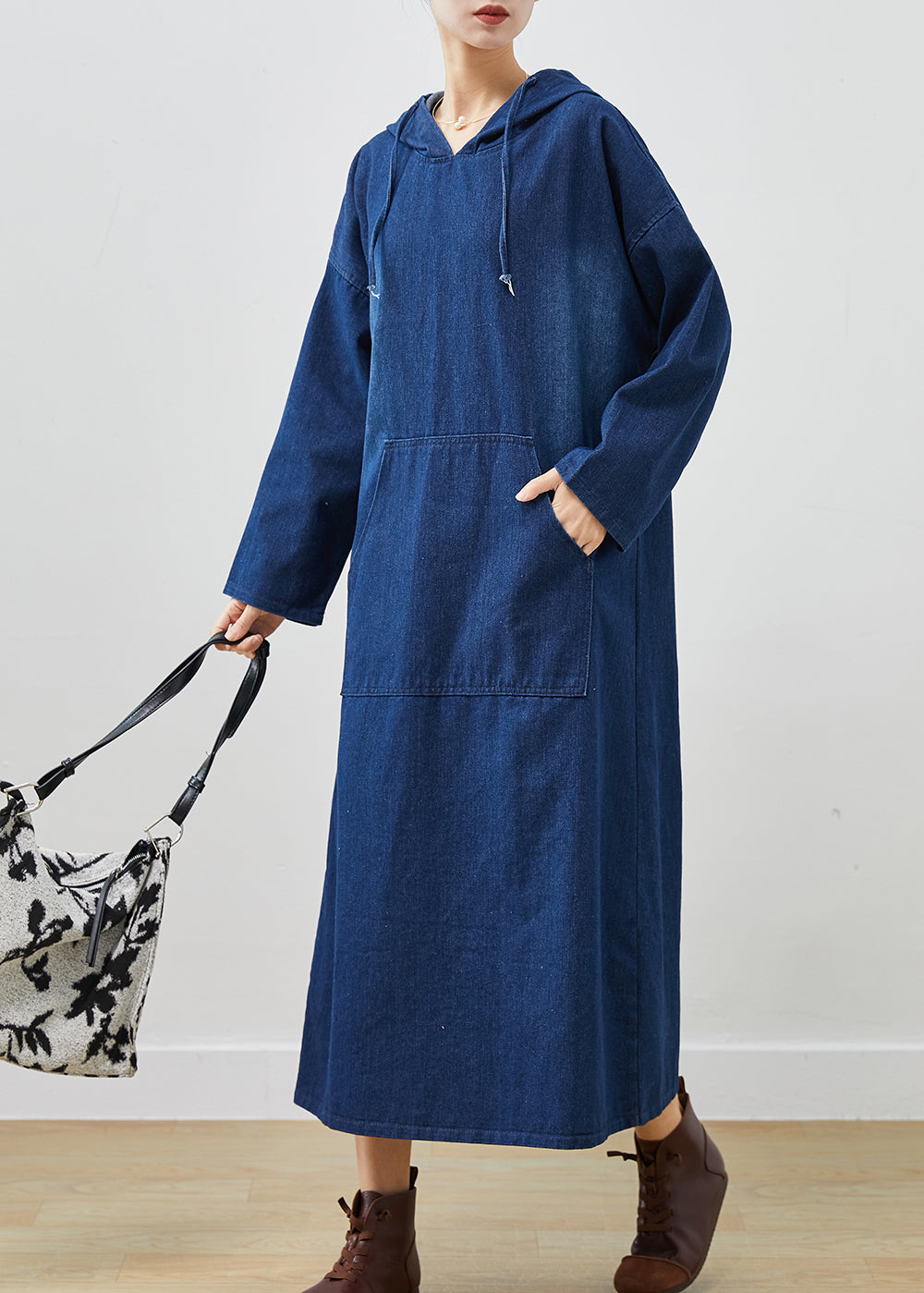 Bohemian Navy Oversized Denim Hooded Dress Spring