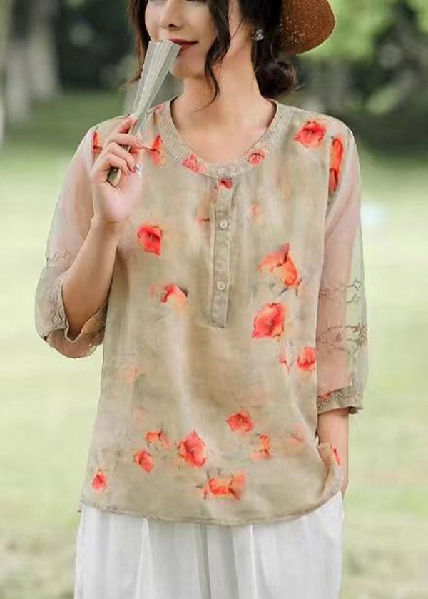 Bohemian Orange Embroidered Print Linen Shirt Top Summer