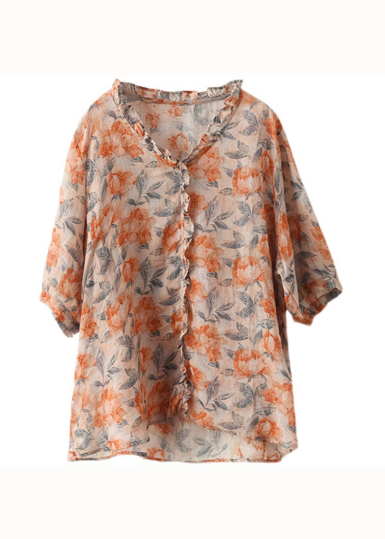 Bohemian Orange Ruffled Print Patchwork Linen Blouses Summer