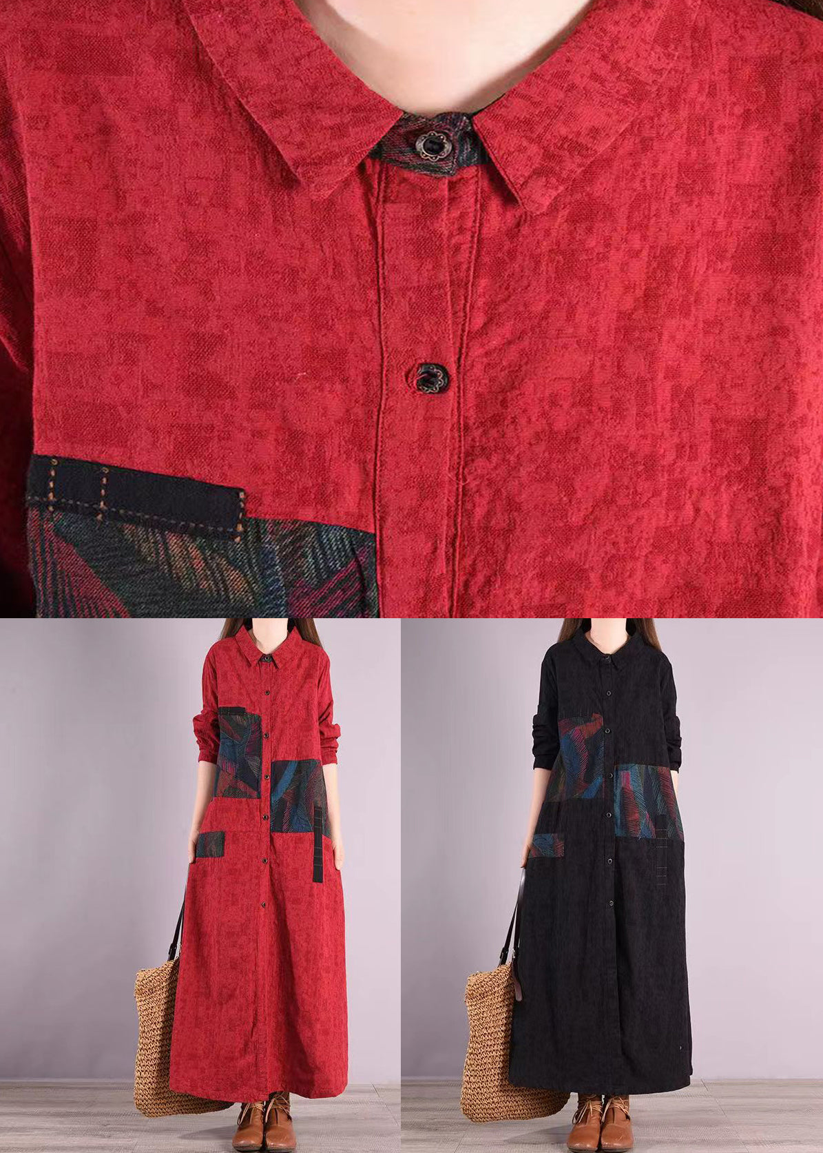 Bohemian Red Peter Pan Collar Patchwork Cotton Shirts Dress Fall