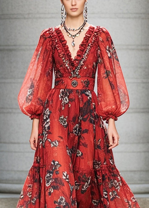 Bohemian Red Ruffled Print Chiffon Cinched Dress Fall