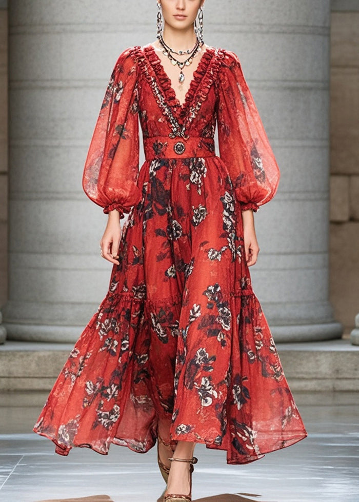 Bohemian Red Ruffled Print Chiffon Cinched Dress Fall