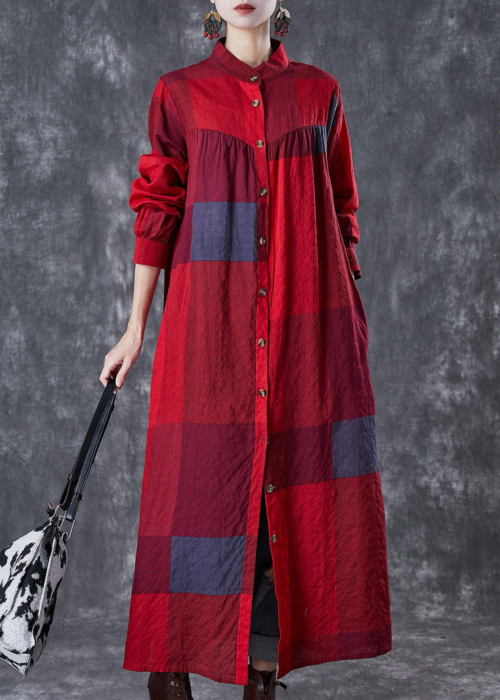 Bohemian Red Stand Collar Print Linen Long Dresses Fall