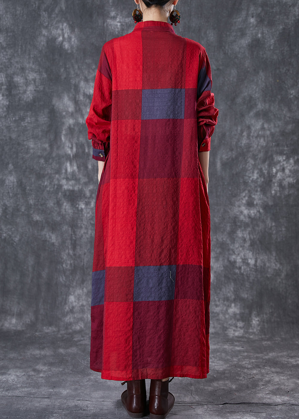 Bohemian Red Stand Collar Print Linen Long Dresses Fall