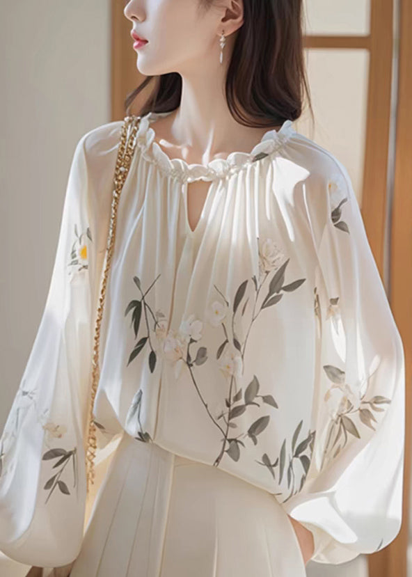 Bohemian White Ruffled Print Chiffon Shirt Fall