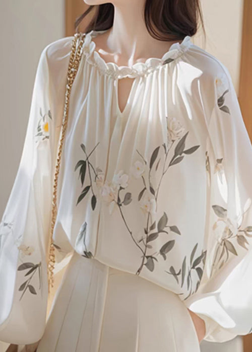 Bohemian White Ruffled Print Chiffon Shirt Fall