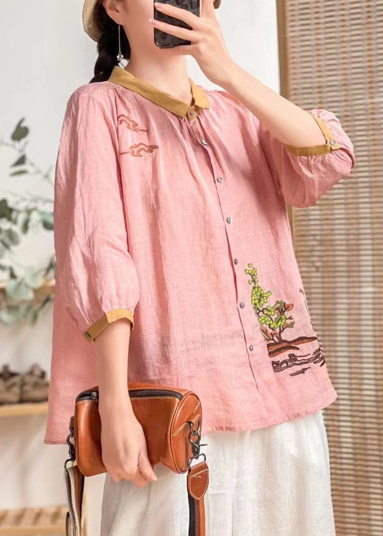 Bohemian Yellow Embroidered Patchwork Linen Shirt Tops Summer