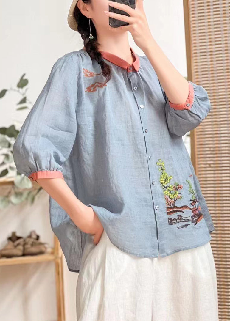 Bohemian Yellow Embroidered Patchwork Linen Shirt Tops Summer