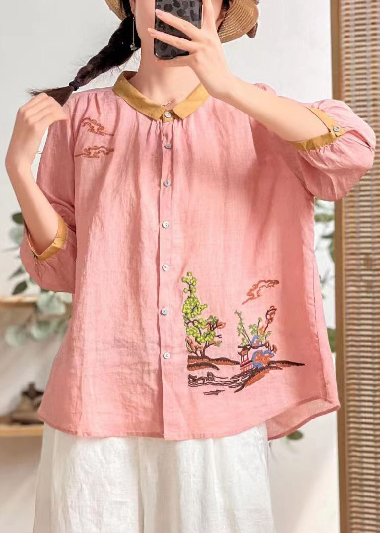 Bohemian Yellow Embroidered Patchwork Linen Shirt Tops Summer