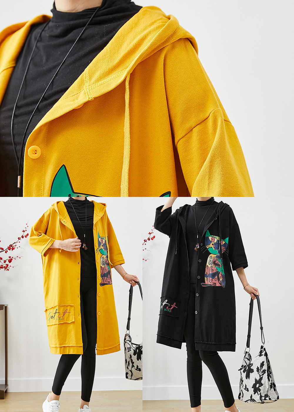 Bohemian Yellow Hooded Cat Print Cotton Coat Outwear Fall