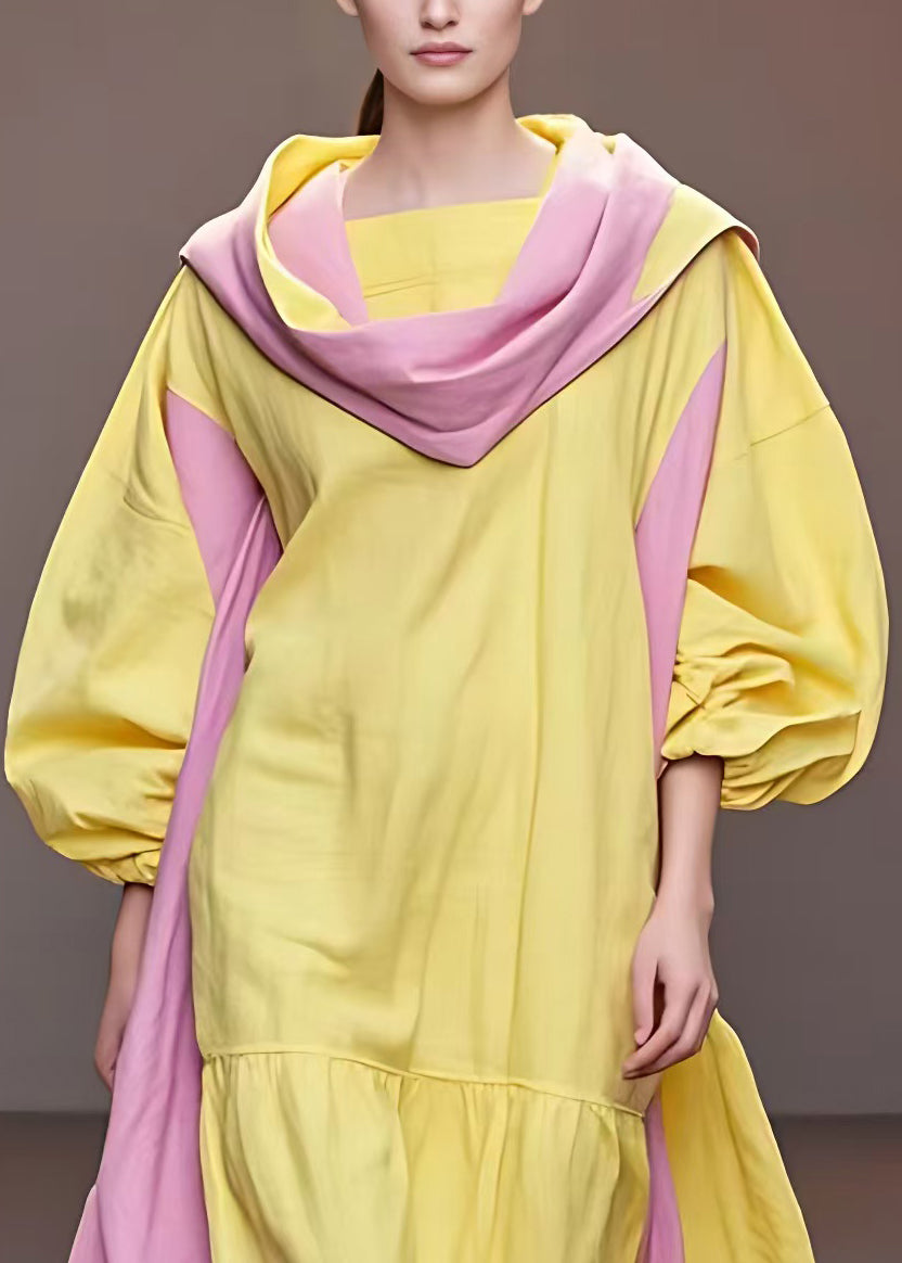 Bohemian Yellow Turtleneck Patchwork Cotton Long Dresses Fall