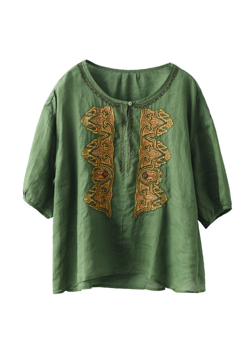 Boho Apricot O-Neck Embroidered Low High Design Ramie Shirts Summer