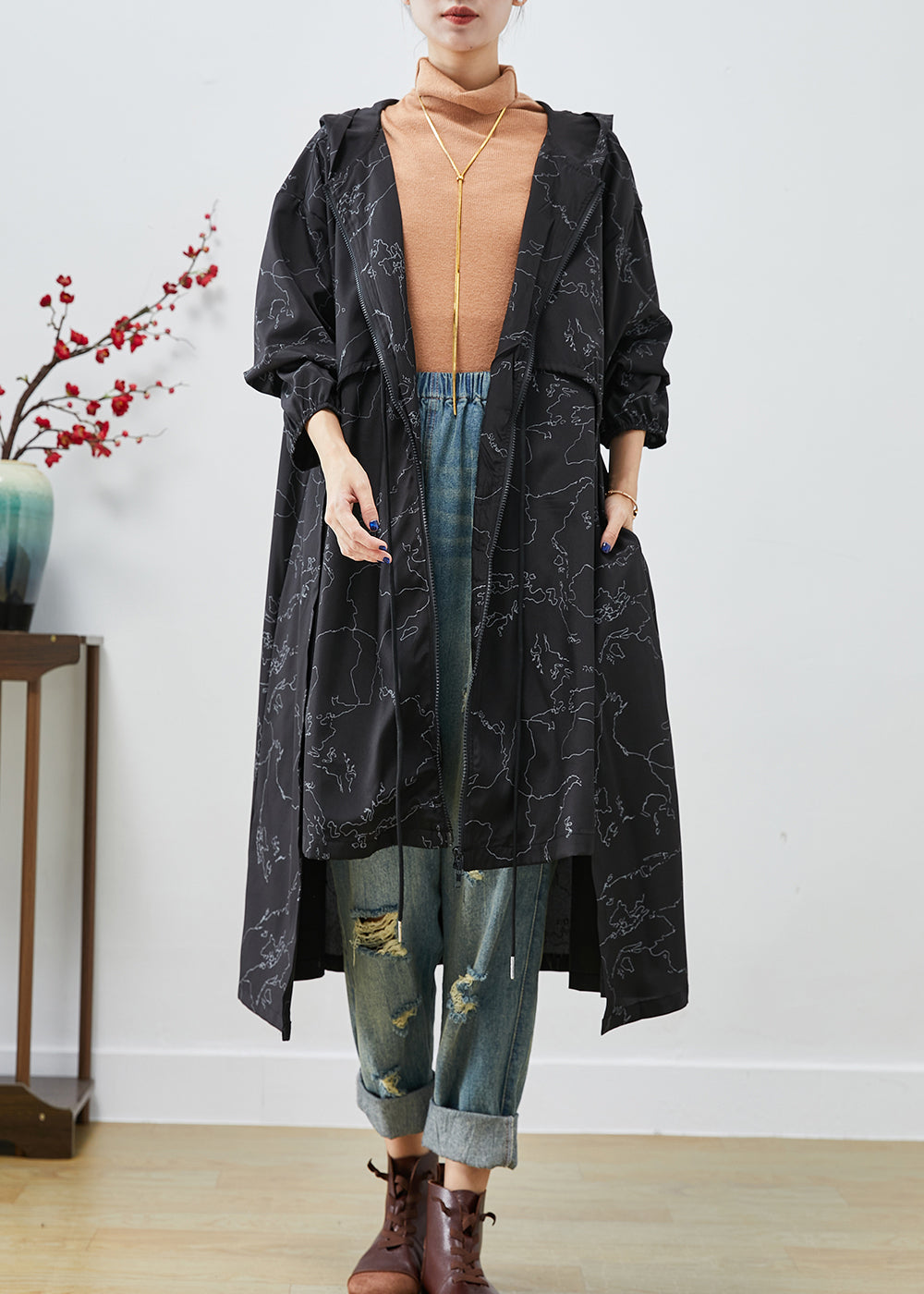 Boho Black Asymmetrical Print Drawstring Spandex Trench Coats Fall