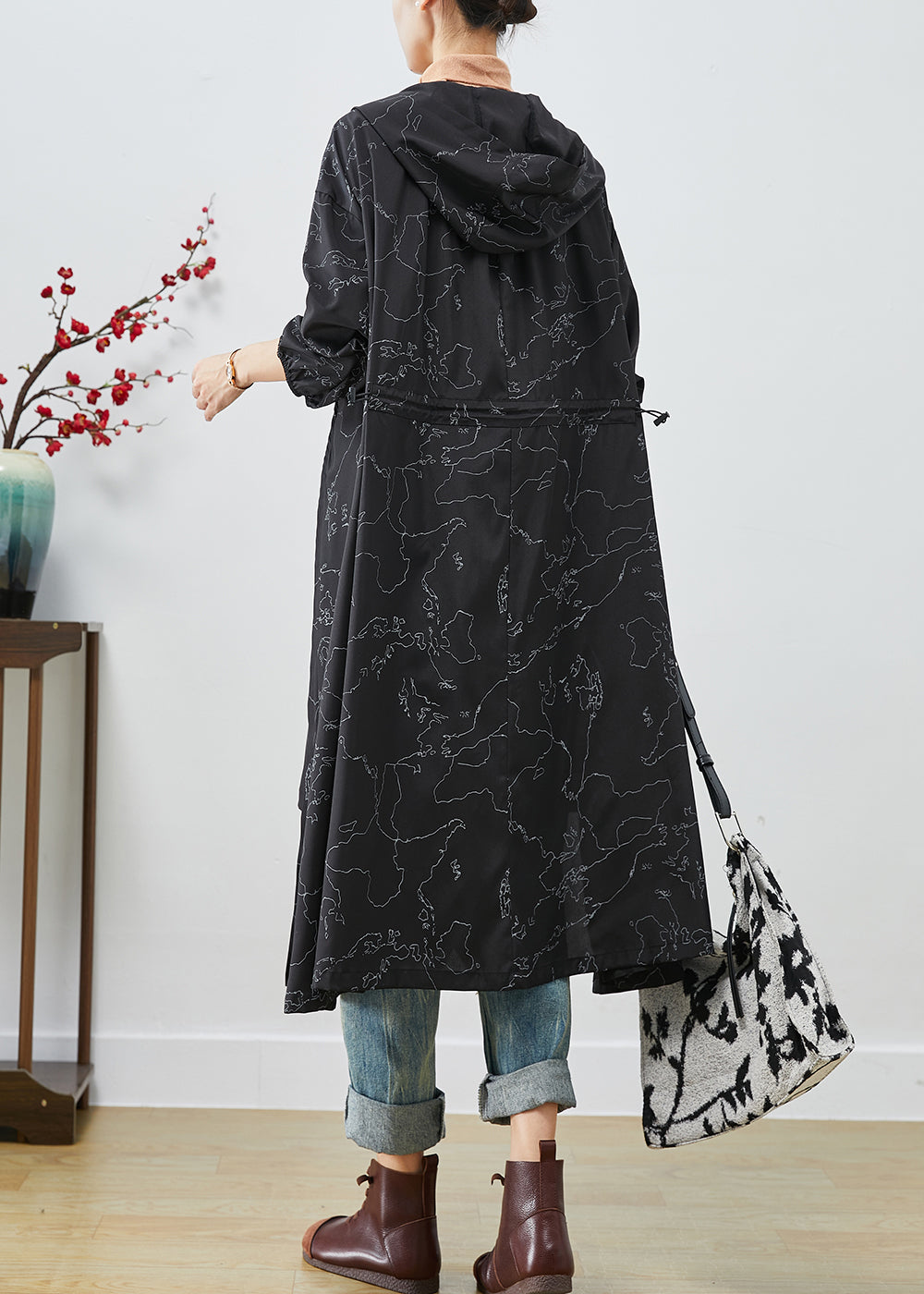 Boho Black Asymmetrical Print Drawstring Spandex Trench Coats Fall