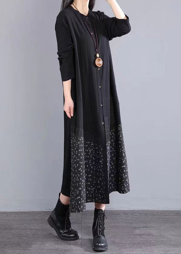 Boho Black Stand Collar Button Patchwork Cotton Dress Fall