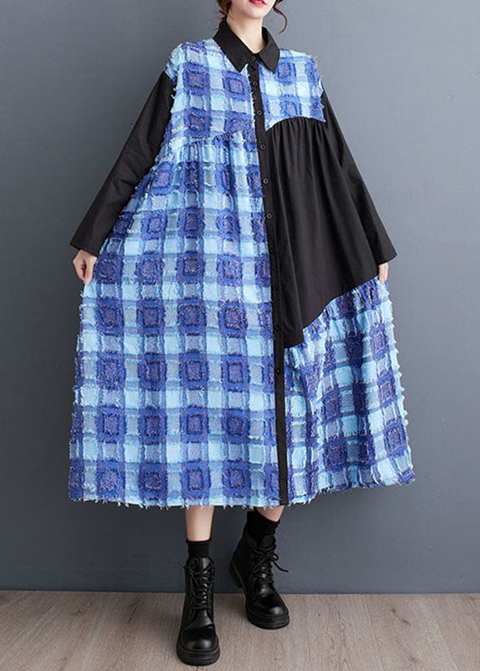 Boho Blue Asymmetrical Tulle Patchwork Button Maxi Shirts Dress Fall