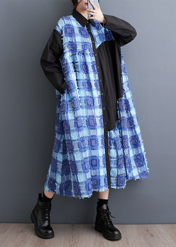 Boho Blue Asymmetrical Tulle Patchwork Button Maxi Shirts Dress Fall