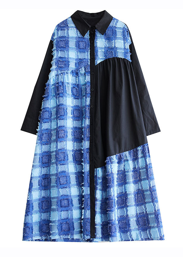 Boho Blue Asymmetrical Tulle Patchwork Button Maxi Shirts Dress Fall