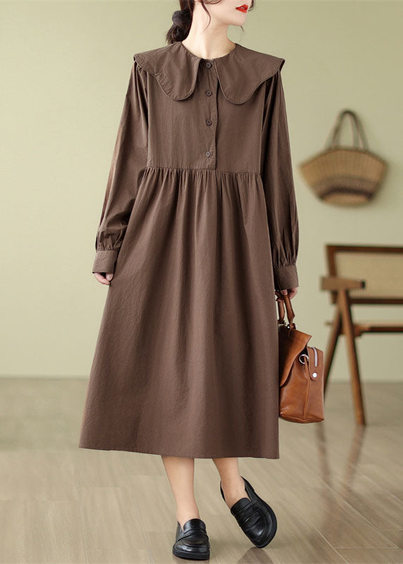 Boho Coffee Wrinkled Button Long Dress Long Sleeve