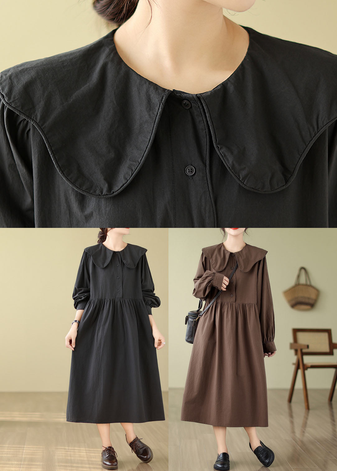 Boho Coffee Wrinkled Button Long Dress Long Sleeve