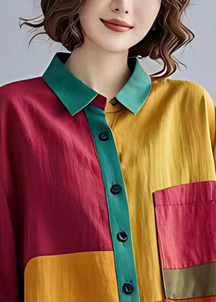 Boho Colorblock Peter Pan Collar Patchwork Linen Tops Bracelet Sleeve