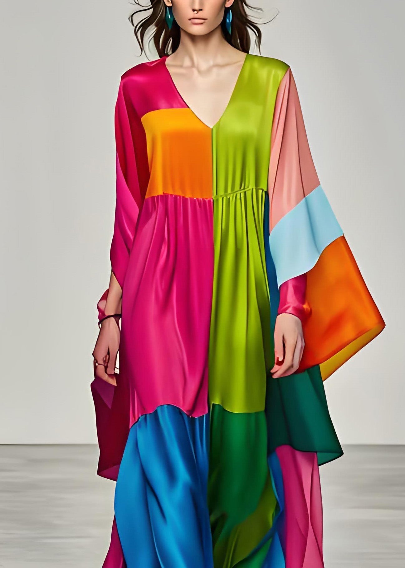 Boho Colorblock V Neck Patchwork Silk Long Dress Summer