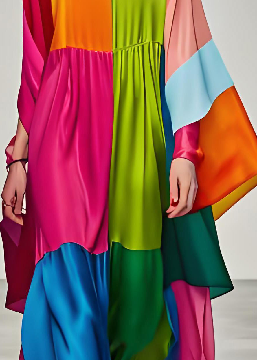 Boho Colorblock V Neck Patchwork Silk Long Dress Summer