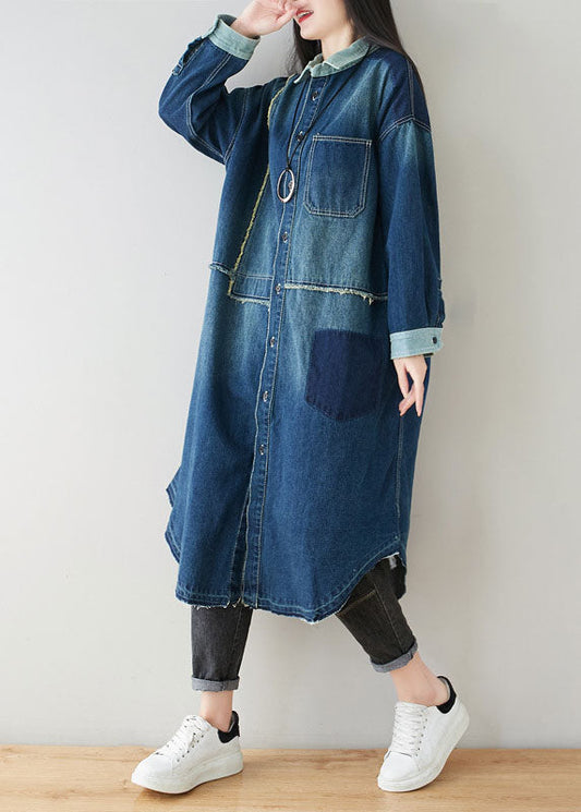 Boho Denim Blue Peter Pan Collar Patchwork Oversized Cotton Trench Spring