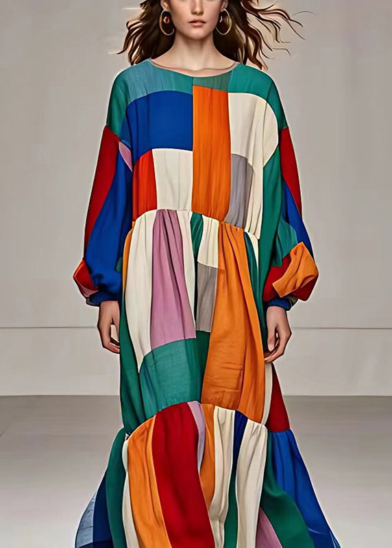 Boho Multicolour Asymmetrical Patchwork Cotton Fishtail Dresses Fall