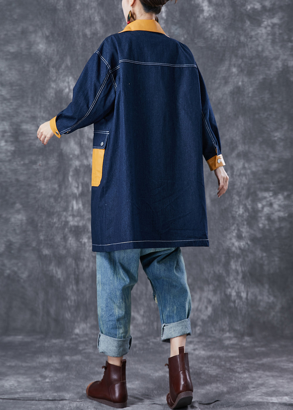 Boho Navy Oversized Patchwork Pockets Denim Coat Outwear Fall