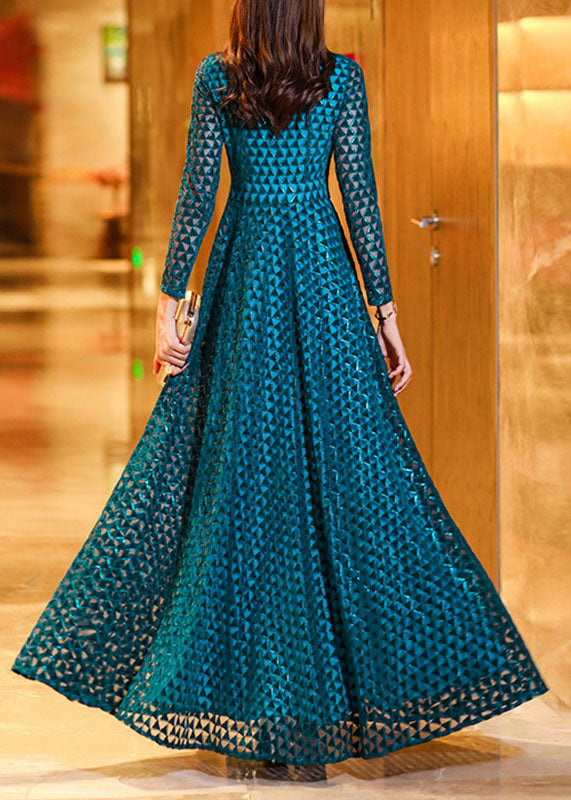 Boho Peacock Blue Wrinkled Hollow Out Lace Long Dress Long Sleeve