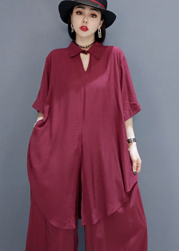 Boho Purple Peter Pan Collar shirt wide leg pants Satin Two Pieces Set Spring